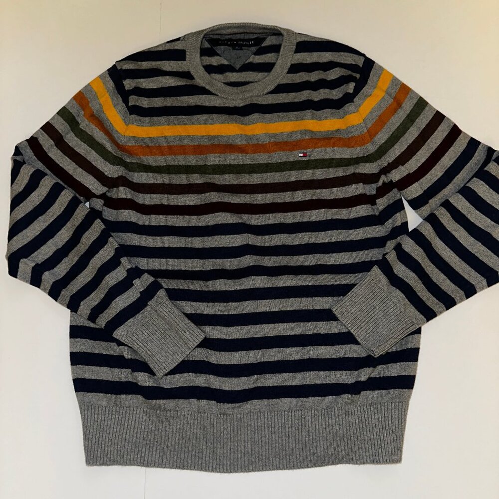 Tommy Hilfiger Premium Cotton Blue Stripe Crewneck Sweater Pullover Men's Size M